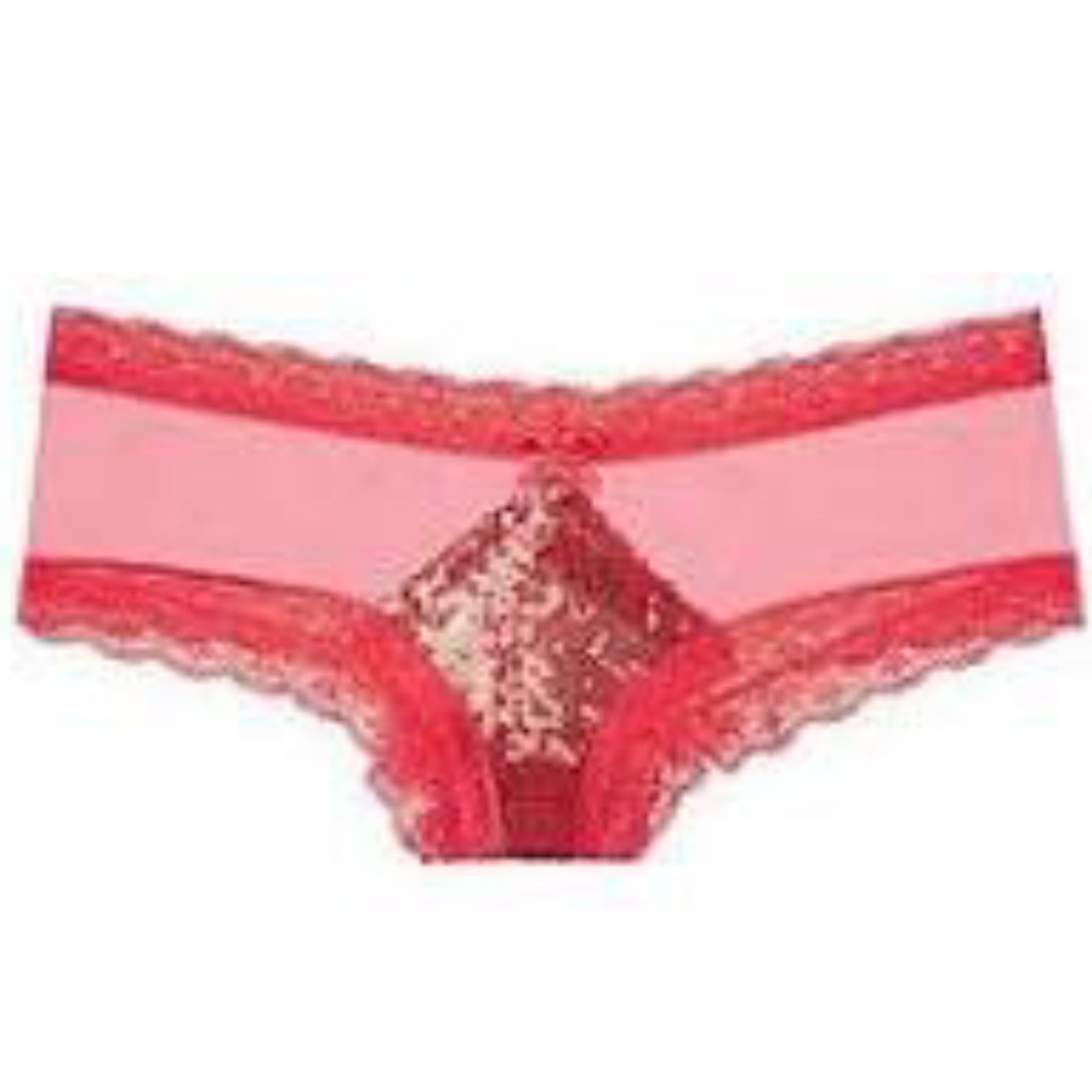 VICTORIA'S SECRET SEXY RED MESH/LACE TRIM SHINNING SEQUINED CHEEKY PANTY